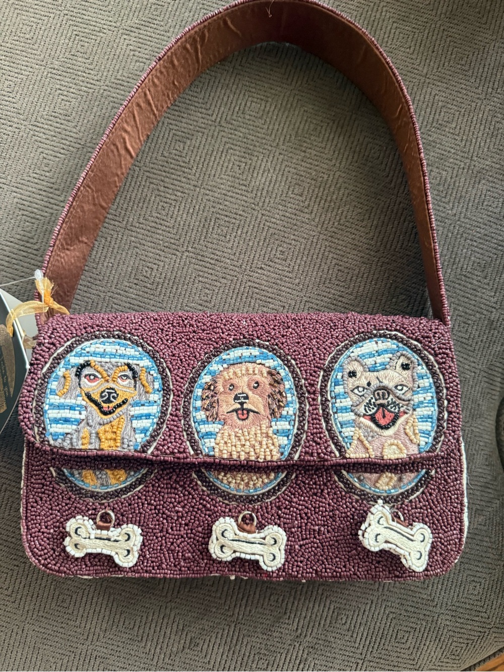 Beaded Dog Portrait Shoulder Bag in Wine with Blue Accents